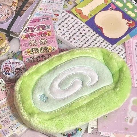 Honeydew Roll velvet pencil case with Swiss Roll Cake design and zipper closure