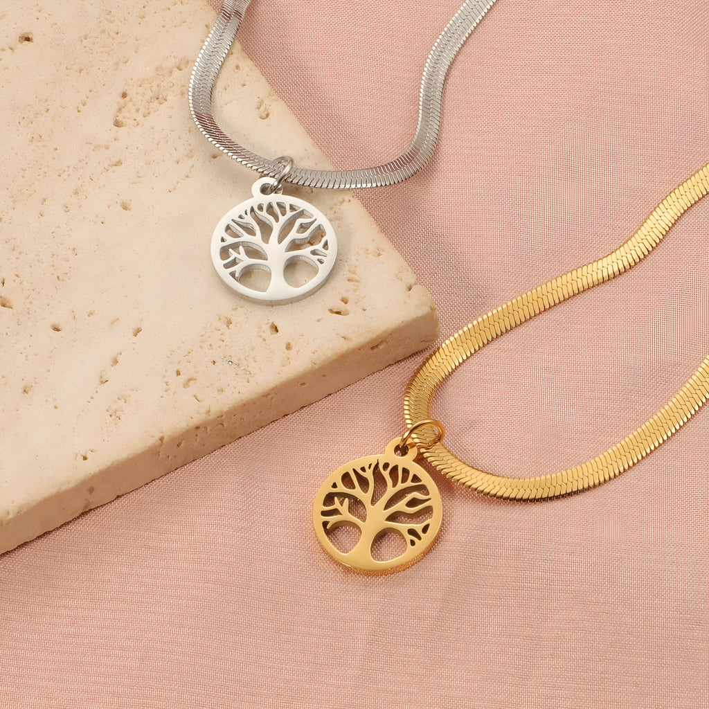 Stainless steel lucky tree necklace with titanium steel pendant on snake bones chain