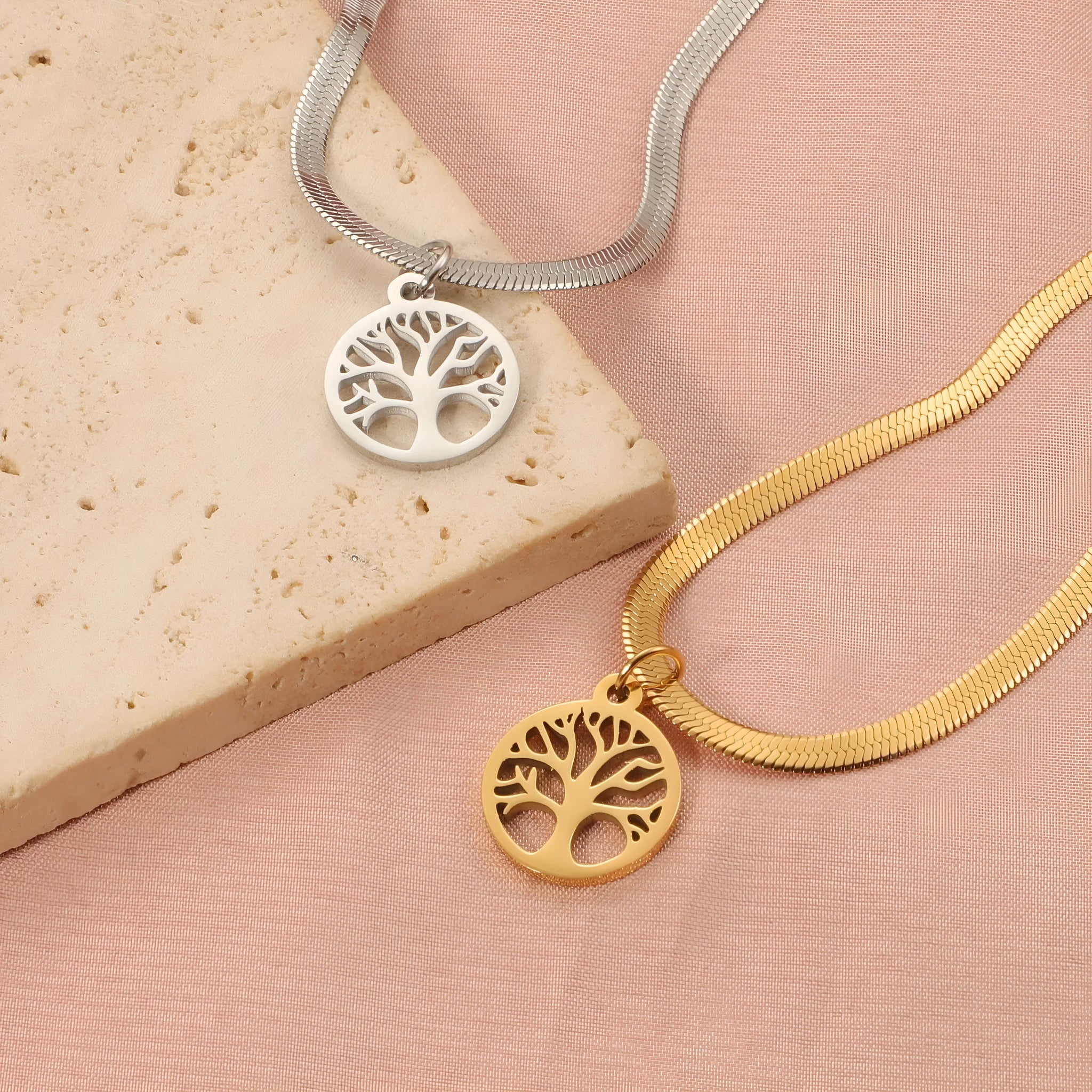 Stainless steel lucky tree necklace with titanium steel pendant on snake bones chain