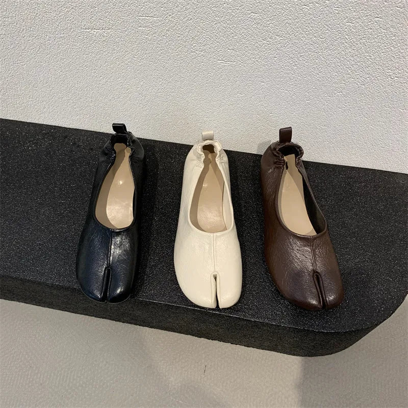 Women's apricot chunky heel pumps with a split toe horseshoe peas design and round toe.