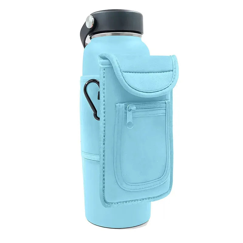 Sports bottle sleeve in cloth material with magnetic or carabiner clip available in multiple colours for outdoor fitness