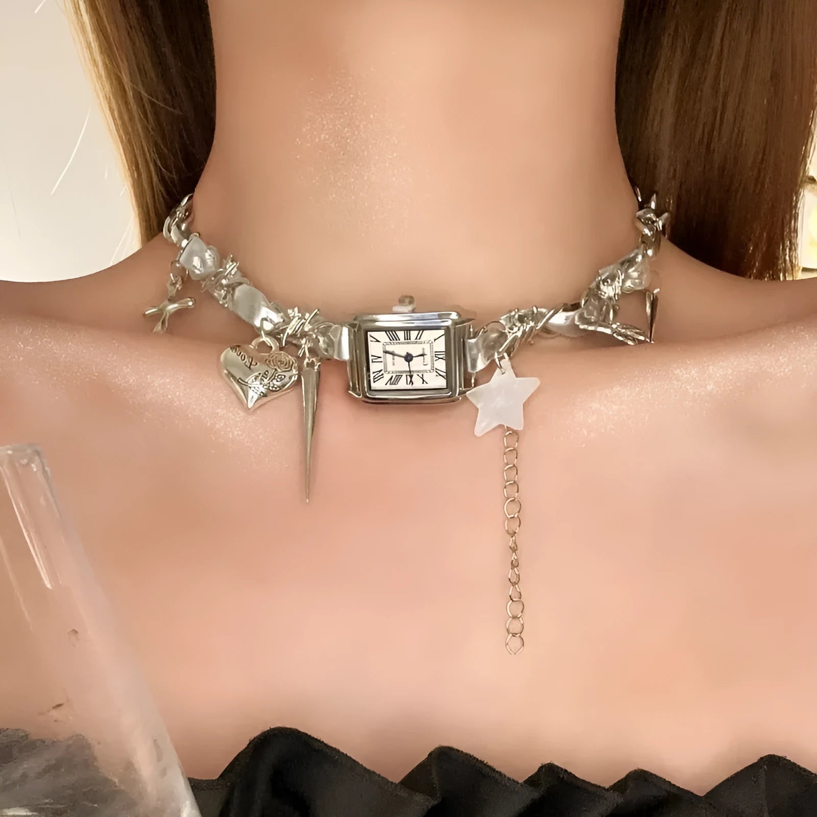 Dark style multi-layer cross necklace with hemp flower chain, adjustable 41-50cm length.