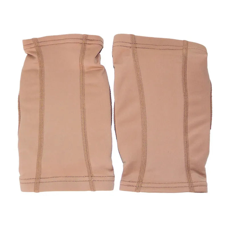 Ballet yoga knee pads in skin colour and black showing five size options XS to XL for knee protection