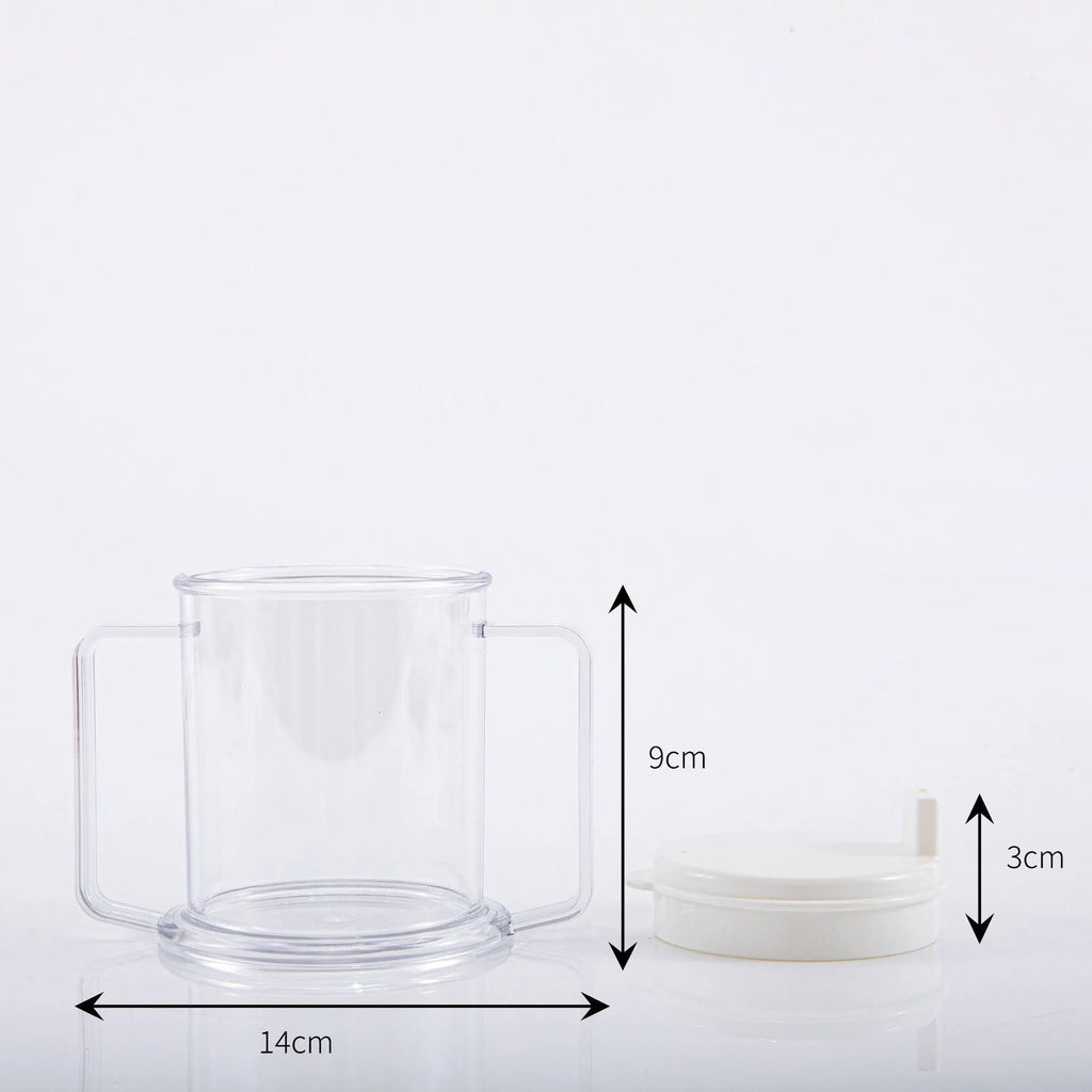 Transparent spill-proof drinking cup with PP plastic construction showing dimensions