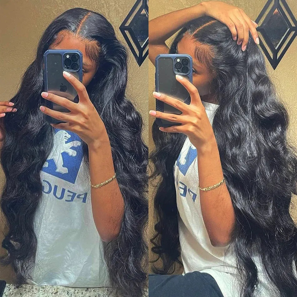 Black synthetic front lace wig with long curly hair and side bangs style