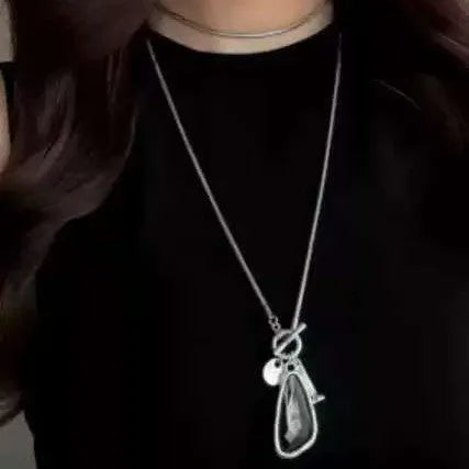 Women's long geometric pendant necklace with plaid pattern and snake bone chain in alloy