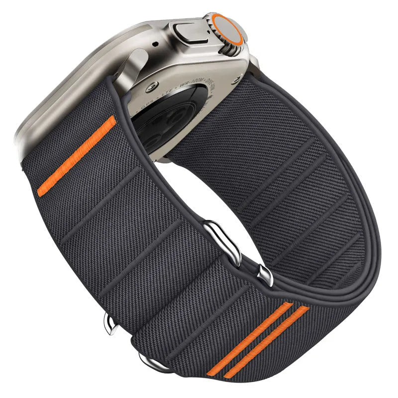 Elastic nylon Apple Watch band with stainless steel buckle in multiple colour options.