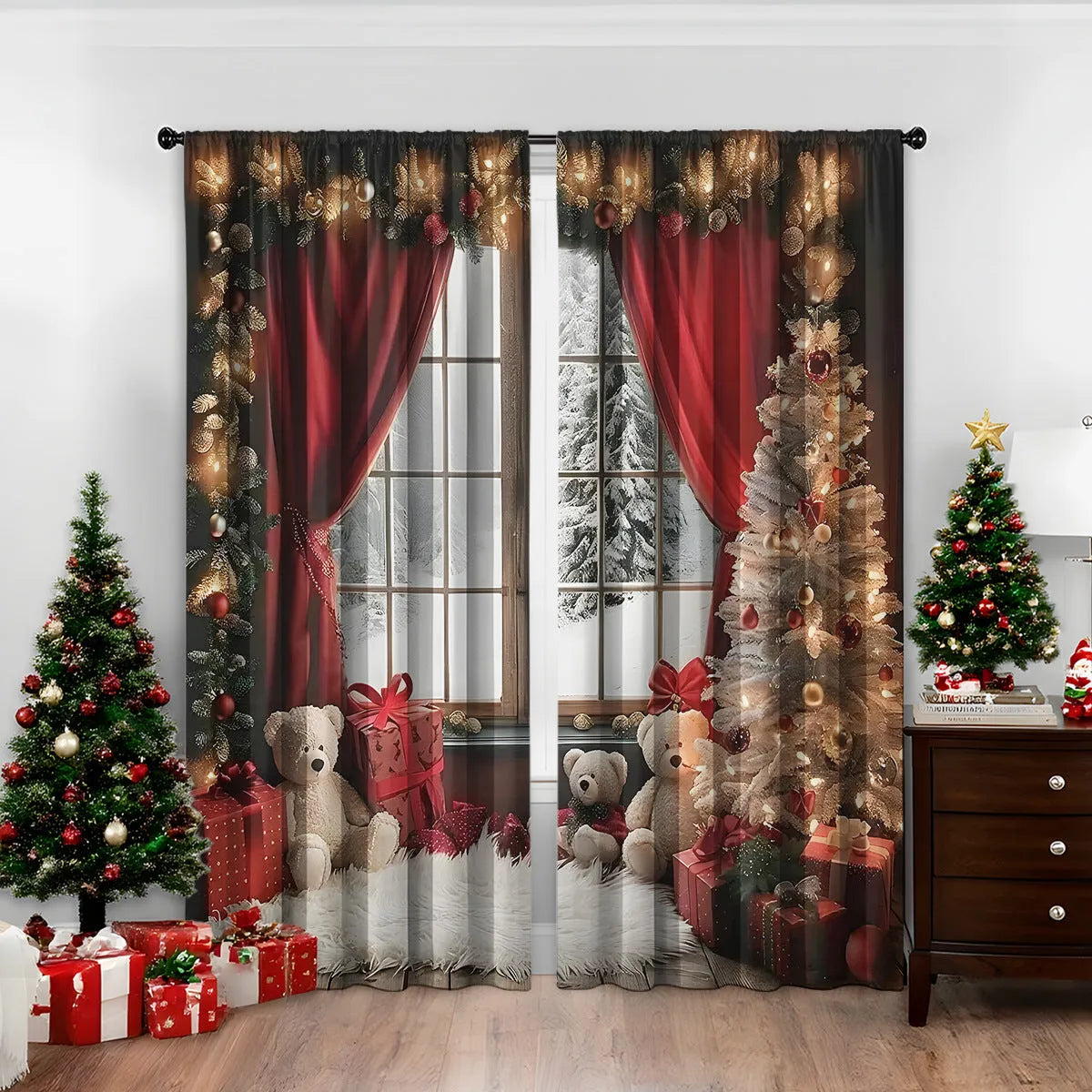 Set of two 3D digitally printed Christmas curtains with festive patterns