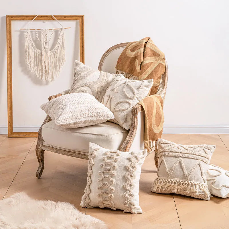 Knitted tassel pillow cover with striped pattern and bow design on home sofa