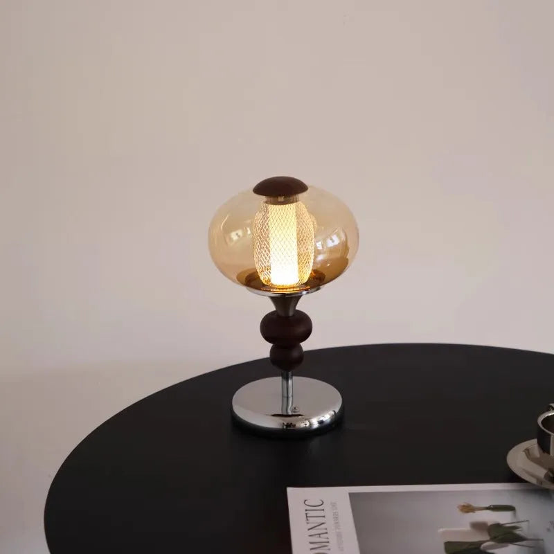Wooden rechargeable table lamp with touch switch and three-colour dimmable light