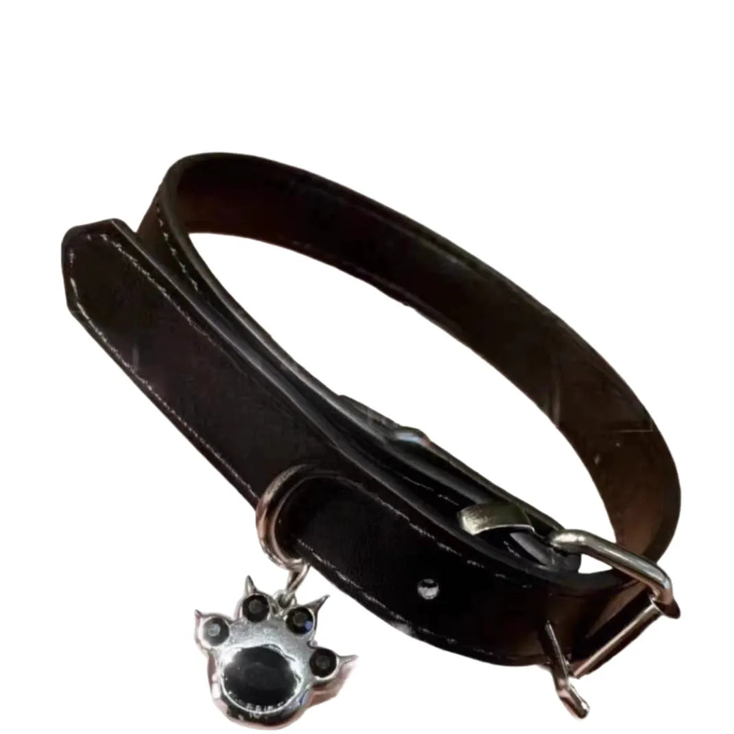 Black adjustable LD leather dog collar with a choice of cute bone or cat's paw charm.