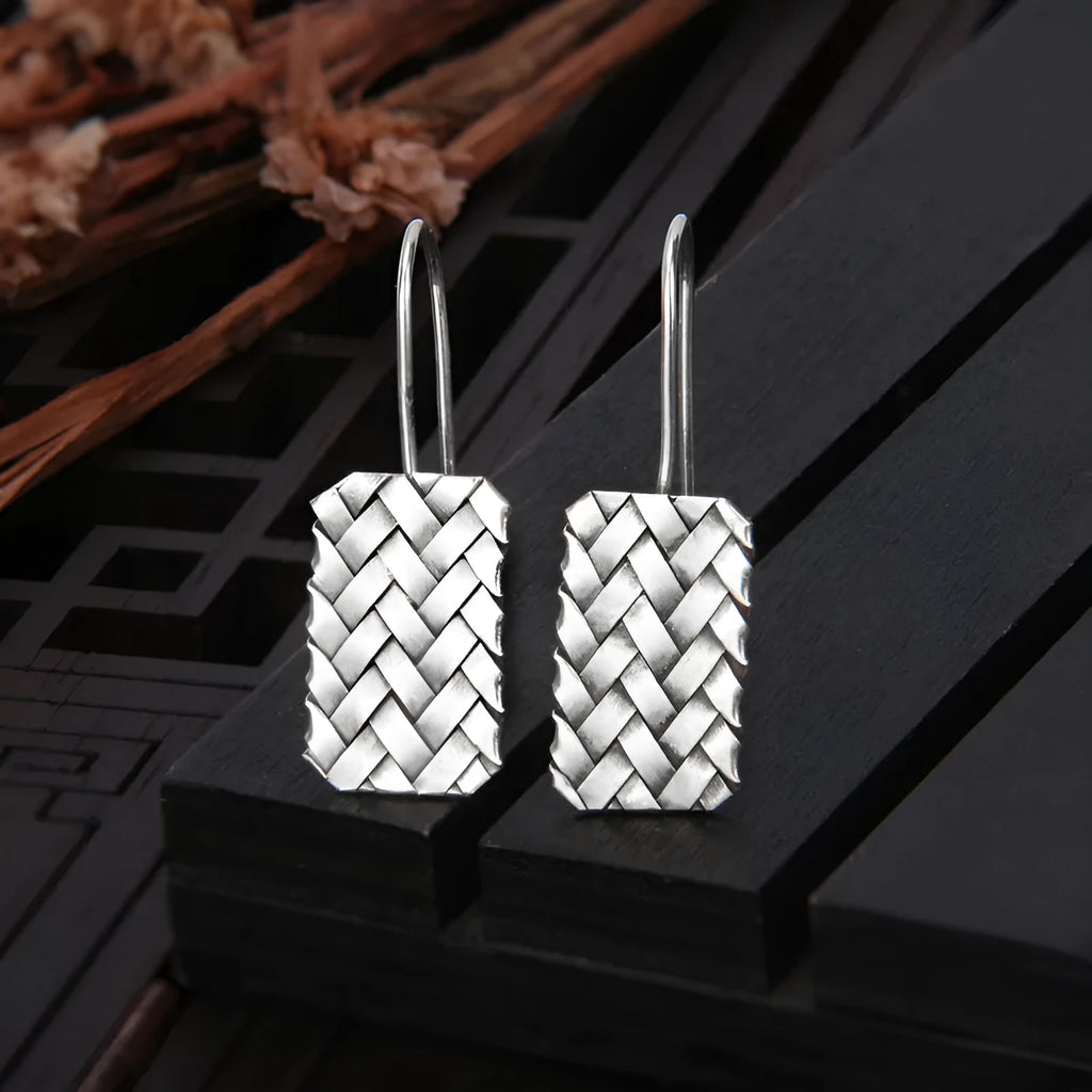 925 silver geometric earrings with woven diamond plaid pattern, 17.5mm drop.