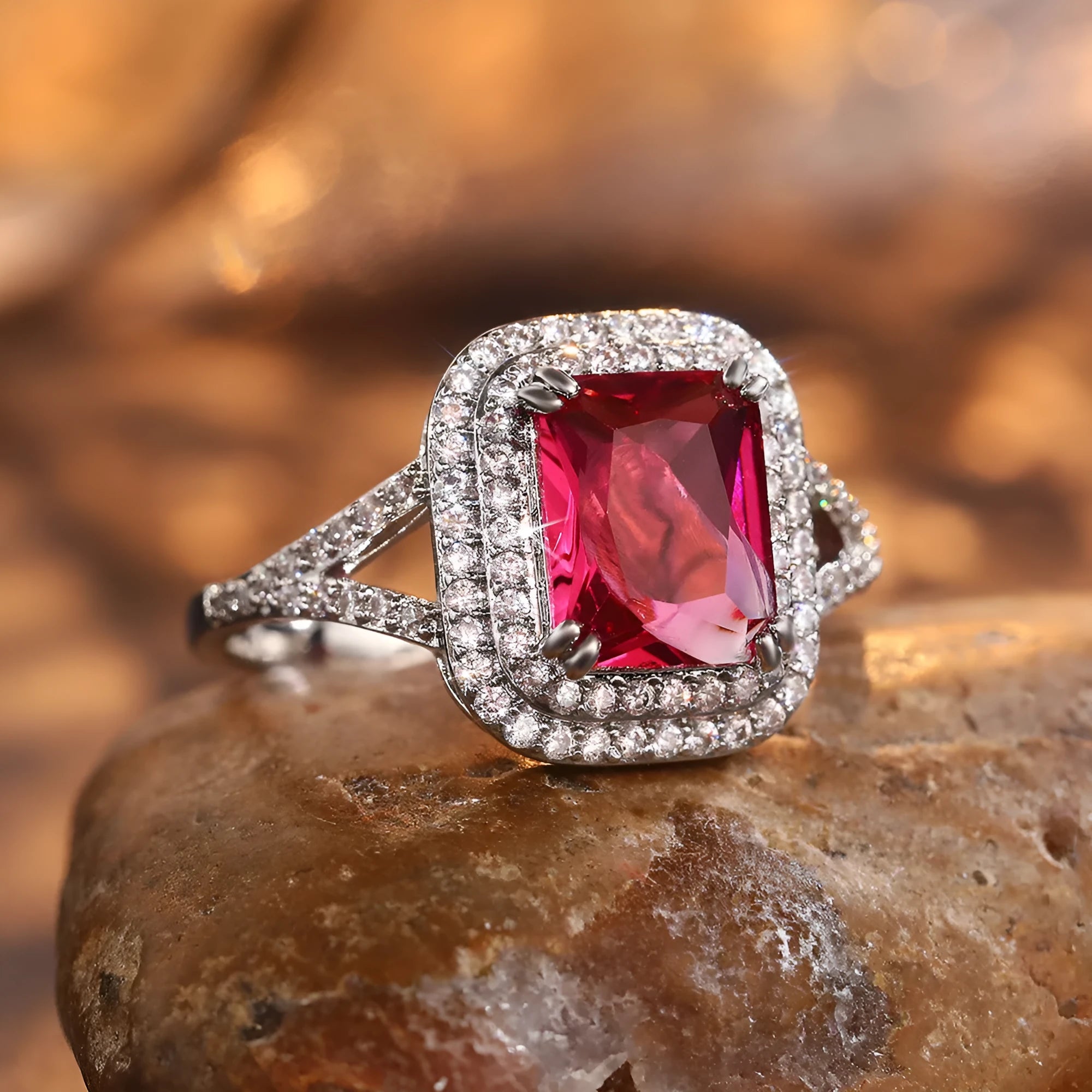 Geometric copper women's ring with square red rhinestone in sizes 6-10