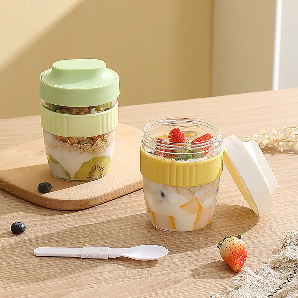 Green purple white pink salad cup with breakfast oat lid and spoon in 480ml or 570ml sizes