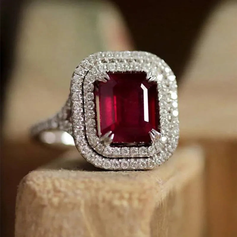Geometric copper women's ring with square red rhinestone in sizes 6-10