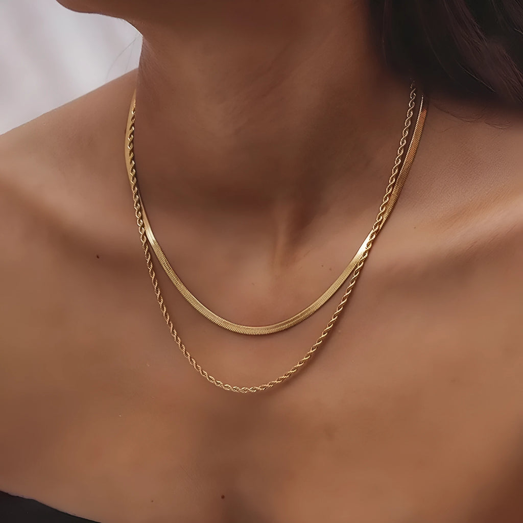 Retro double layer twist stainless steel necklace with geometric titanium steel pendant on snake bones chain