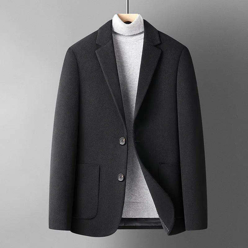 Men's short woolen suit jacket in grey showing slim fit non-iron design for autumn