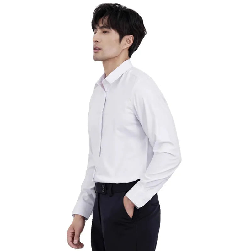 Men's wine red slim fit long sleeve shirt in polyester blend fabric