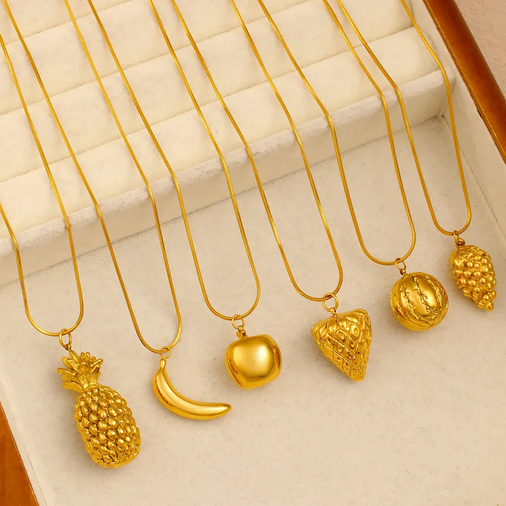 Stainless steel necklace with a fruit-shaped pendant on a regular chain.