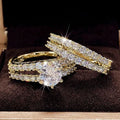 Fully-jewelled 2-in-1 female ring set in geometry design with diamond treatment, shown in silver, gold, and rose gold colours.