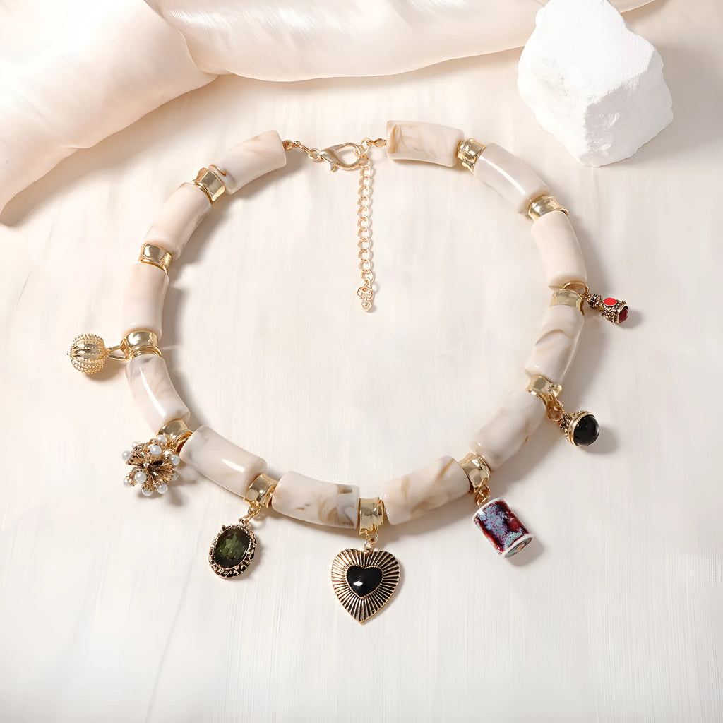 Heart shaped resin and bamboo pendant necklace with electroplated finish for women