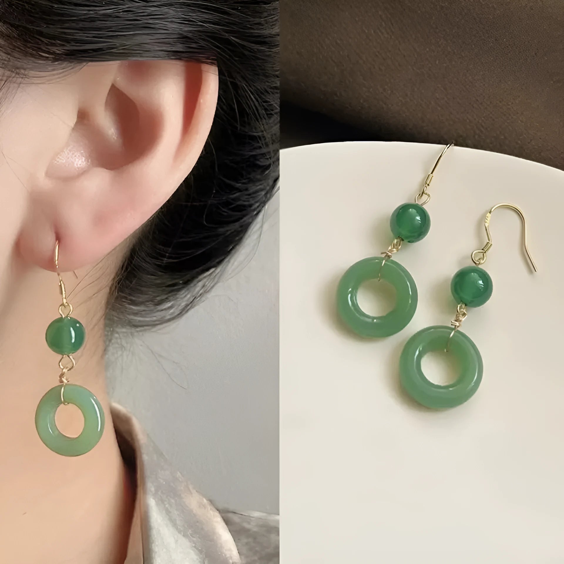 Green Chinese style peace buckle shaped earrings with geometric design and gold plating