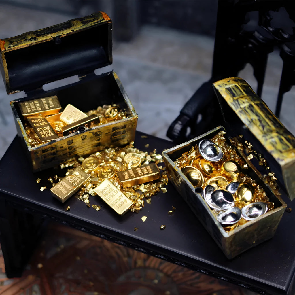 Alloy gold coin treasure box miniature doll house accessories with gold bars and ingots