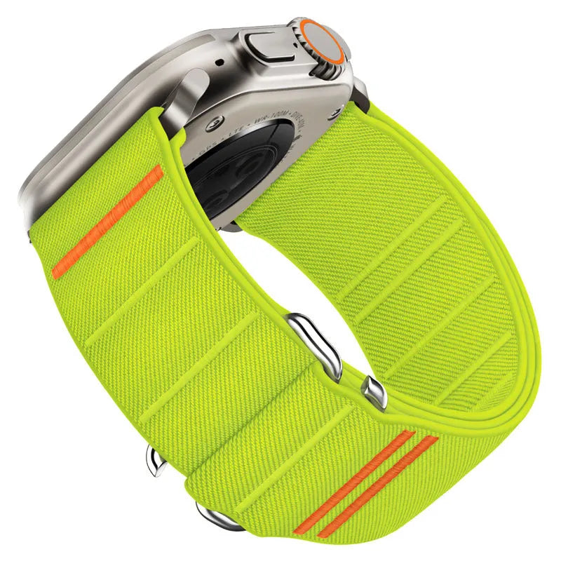 Elastic nylon Apple Watch band with stainless steel buckle in multiple colour options.