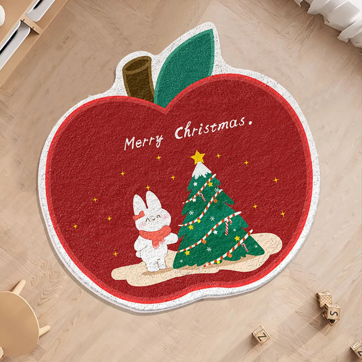 Round green and red Christmas-themed imitation cashmere floor mat with festive patterns.