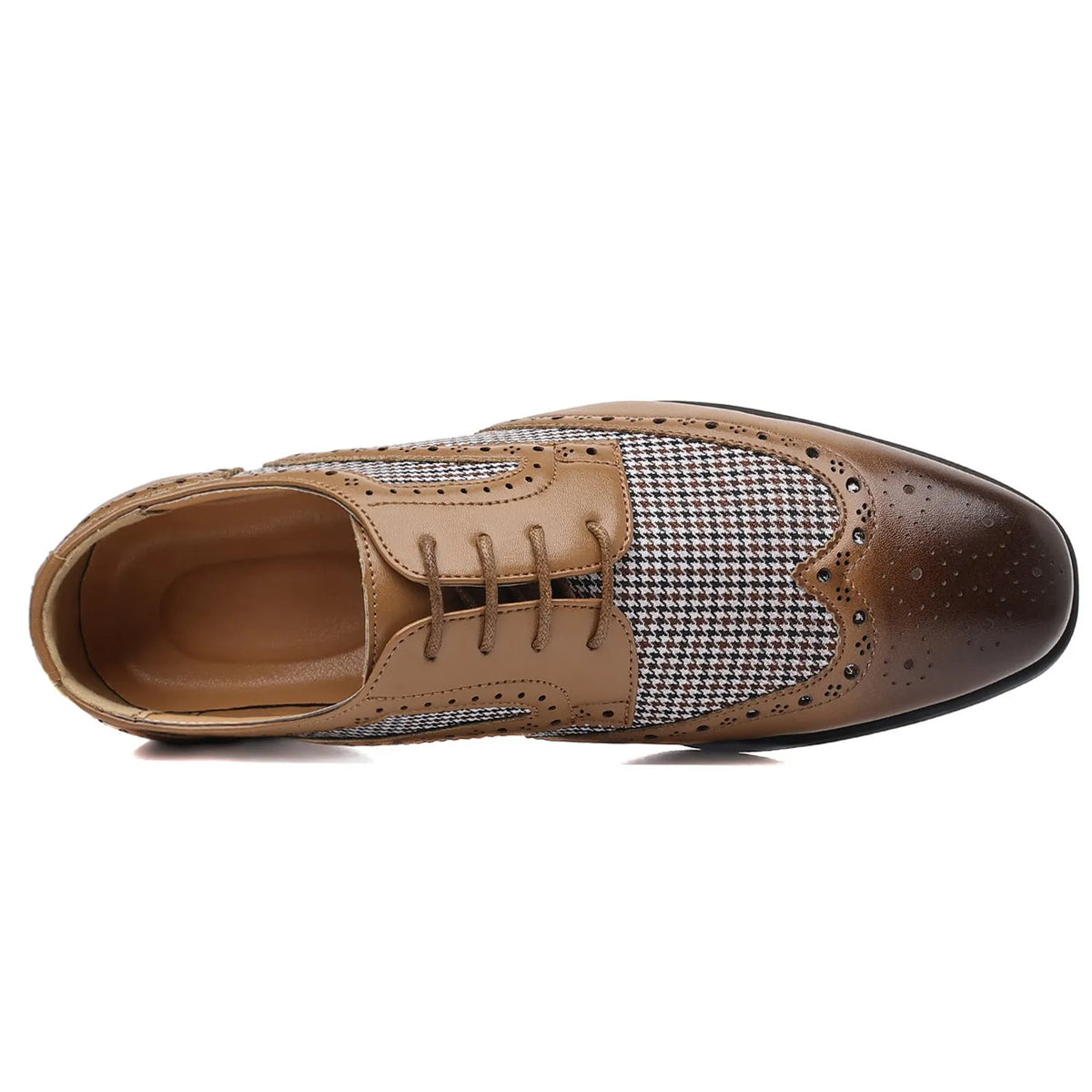 Men's black houndstooth patterned canvas lace-up shoes with a square toe and rubber sole.