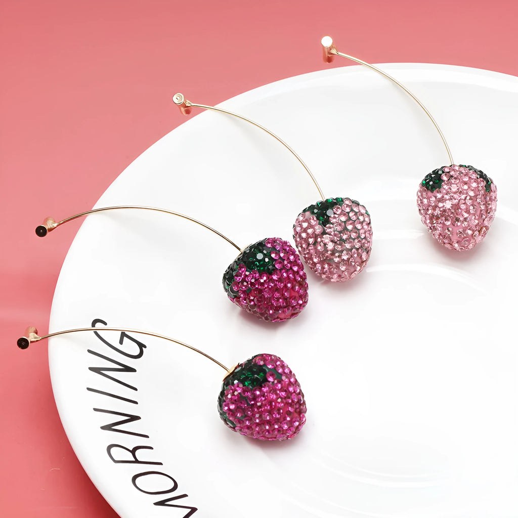 Geometric strawberry stud earrings with spot drill detailing in six colour variations