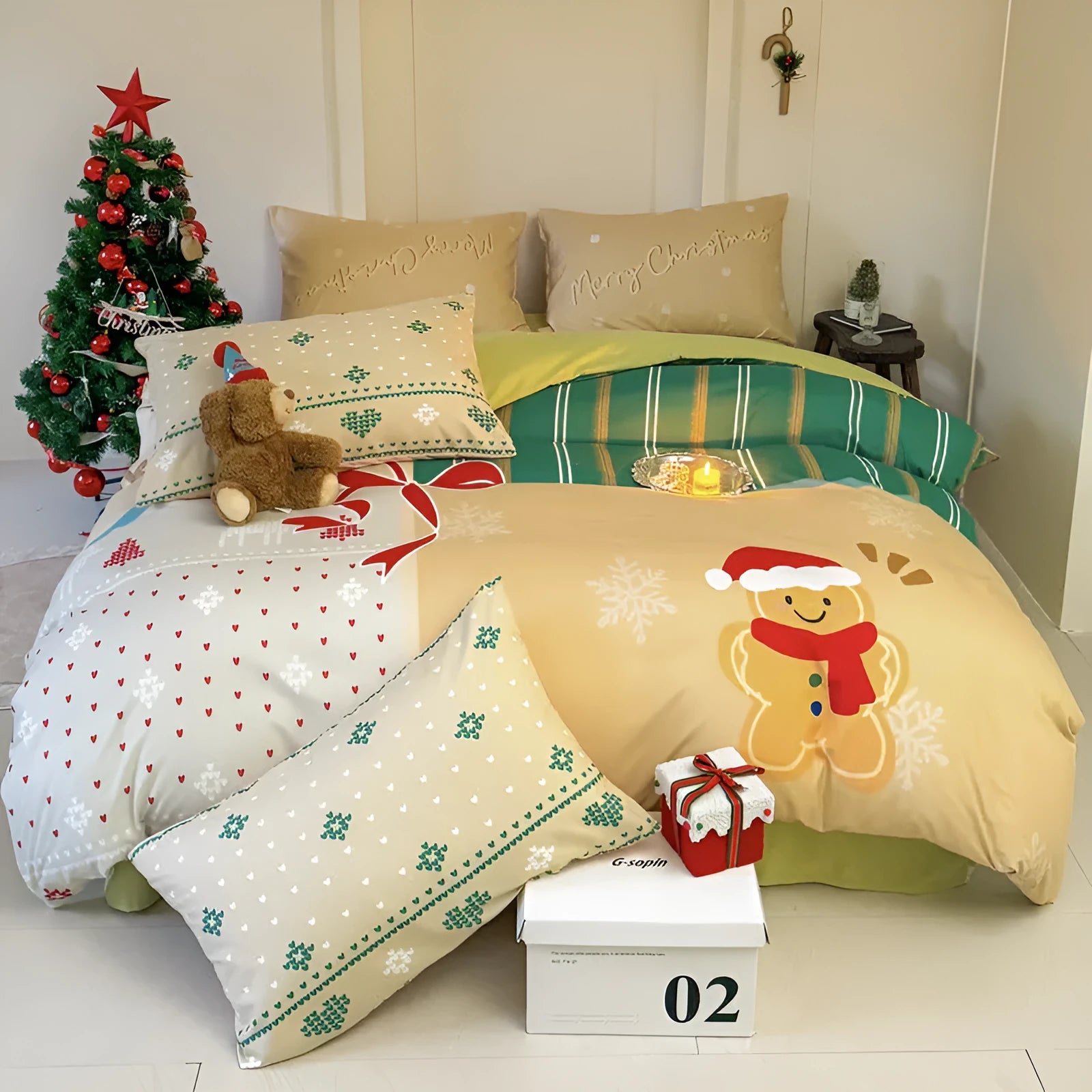 Christmas style super soft washed cotton printed four-piece bedding set with cartoon digital print patterns
