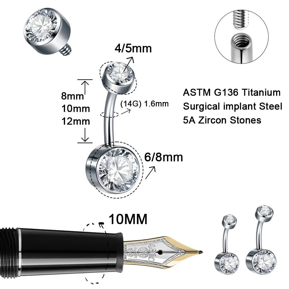 Titanium alloy double-headed zircon navel stud in geometric shape with internal thread