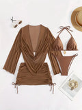 Dark brown lace-up backless women's bikini swimsuit laid flat
