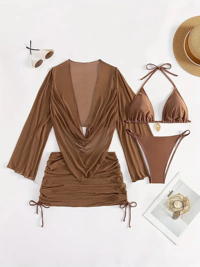 Dark brown lace-up backless women's bikini swimsuit laid flat