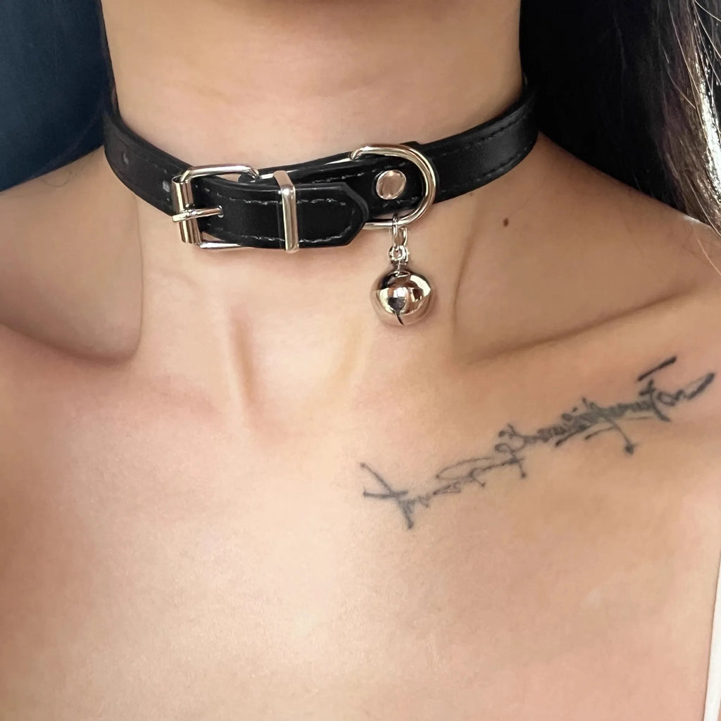 Black adjustable LD leather dog collar with a choice of cute bone or cat's paw charm.