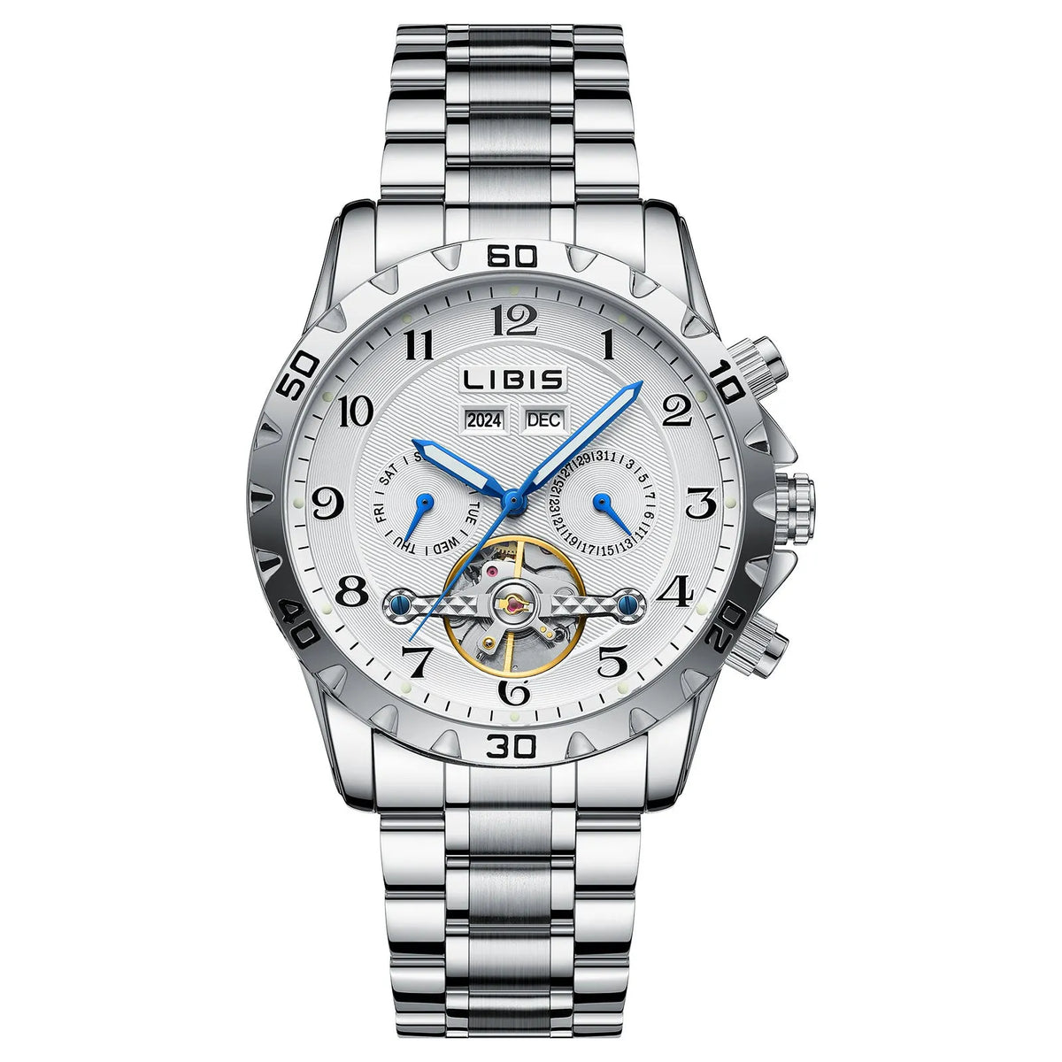 Men's silver stainless steel automatic perpetual calendar mechanical watch with business styling