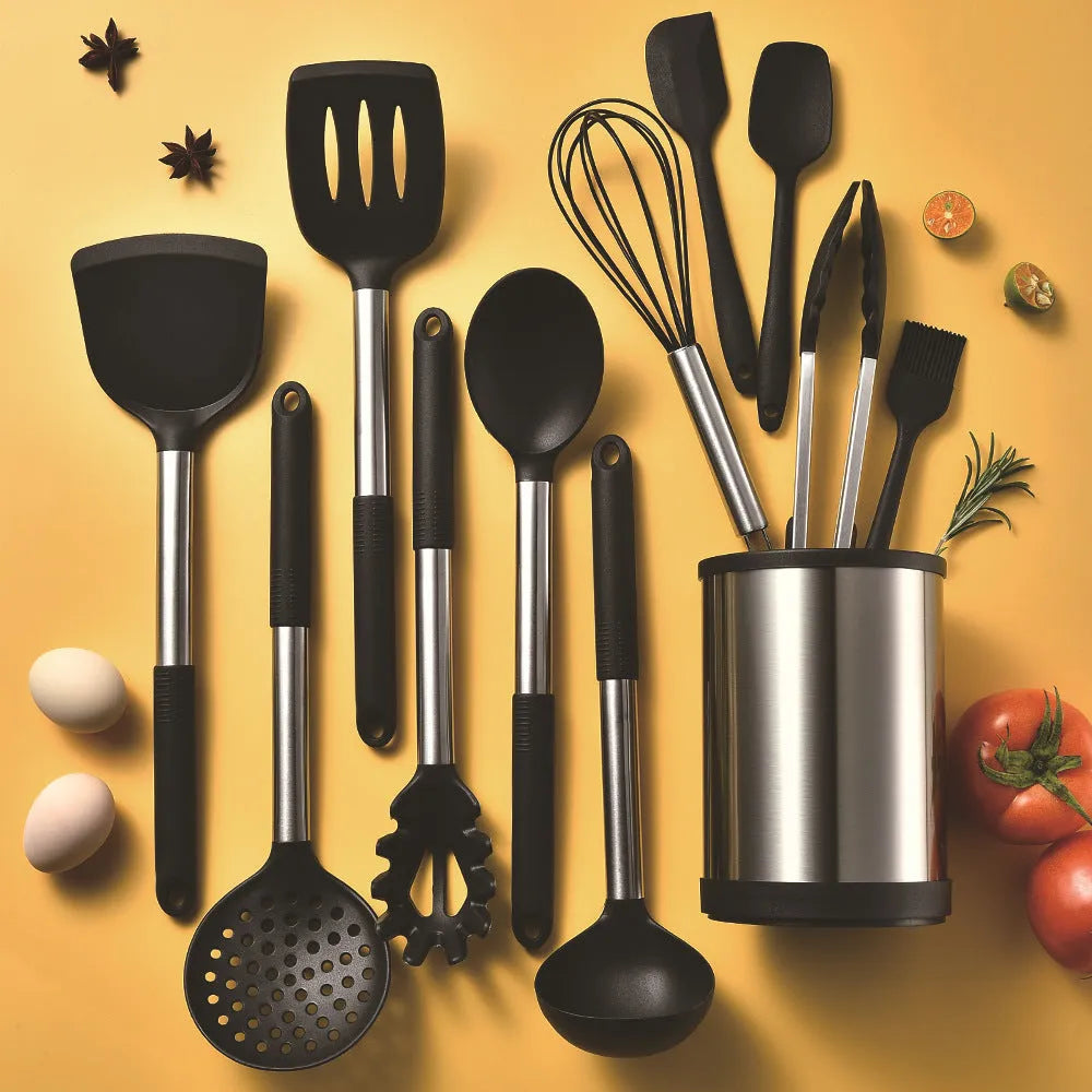 12 piece silicone kitchenware set with rotating storage bucket including ladle spatula and food clip in black