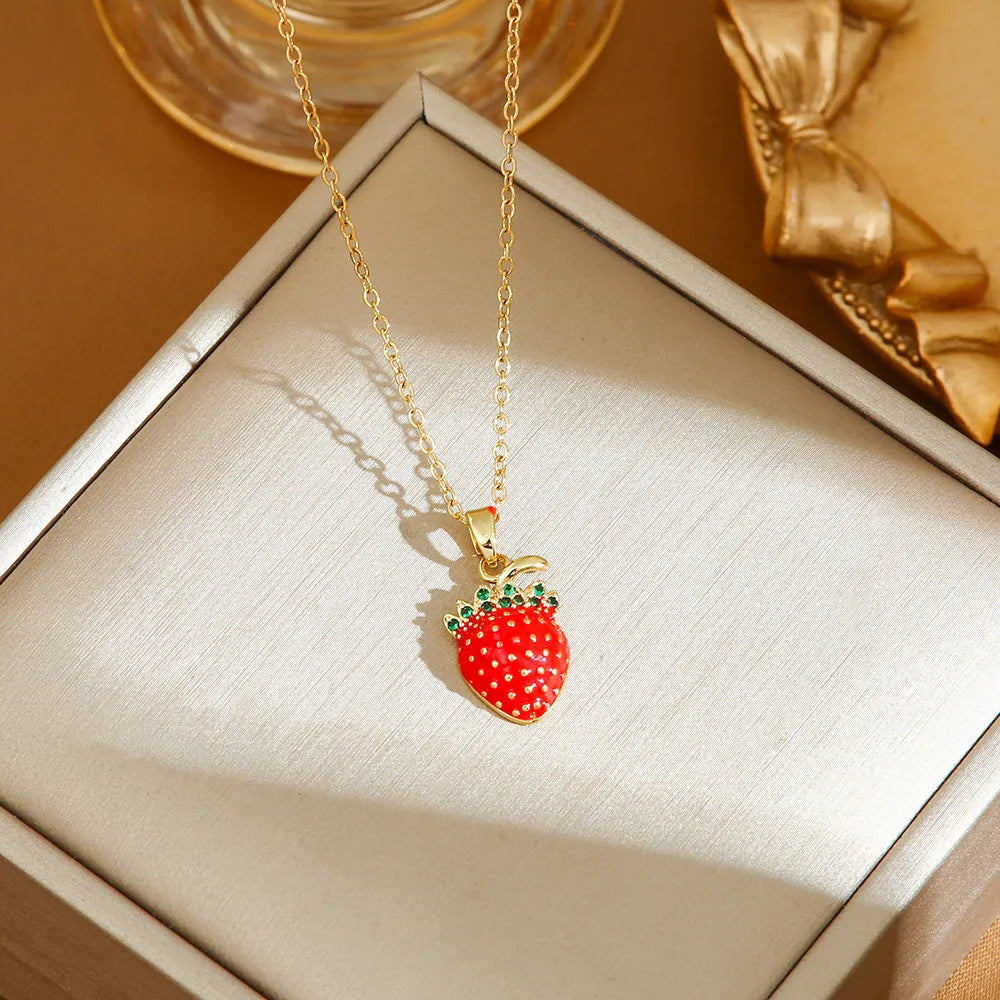 Red delicate indie cherry strawberry pepper necklace with titanium steel O-ring chain and golden pendant
