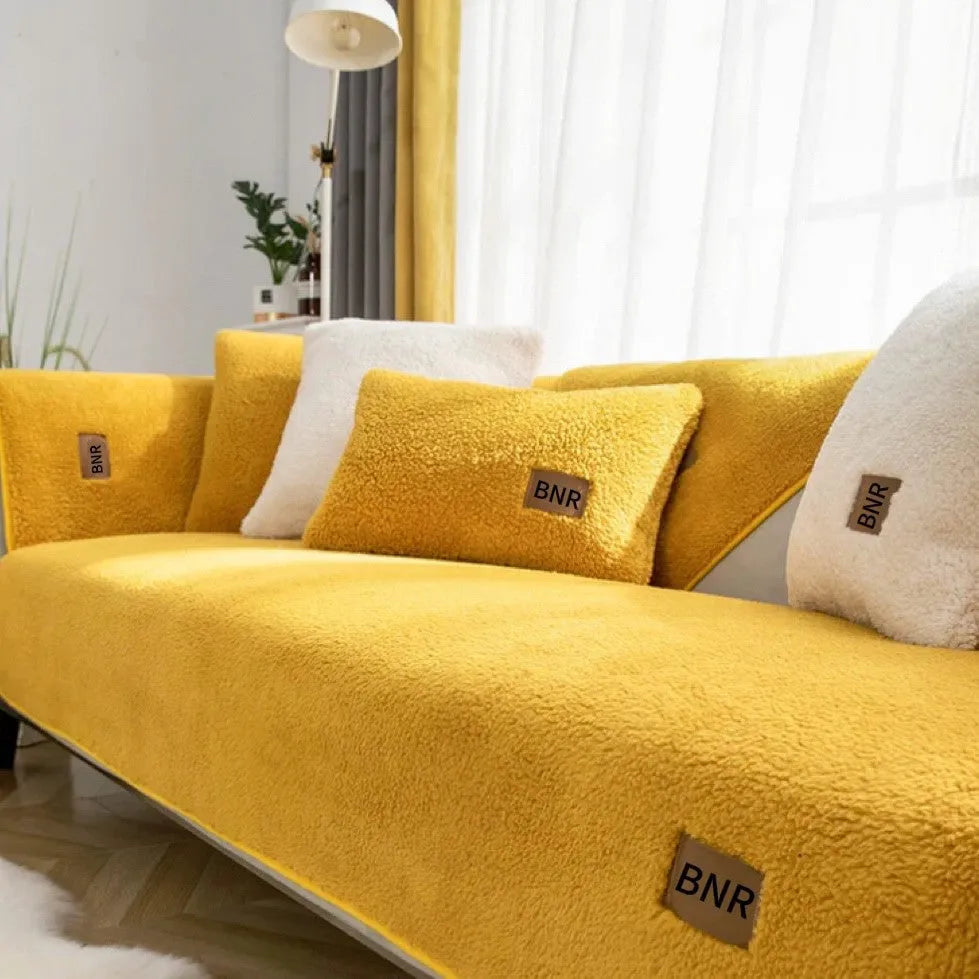 Machine washable lambswool-style sofa cover in solid colour protecting furniture