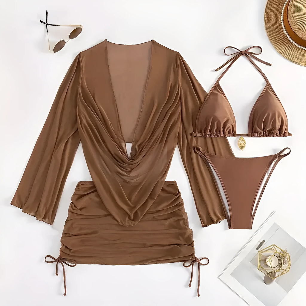 Dark brown lace-up backless women's bikini swimsuit laid flat