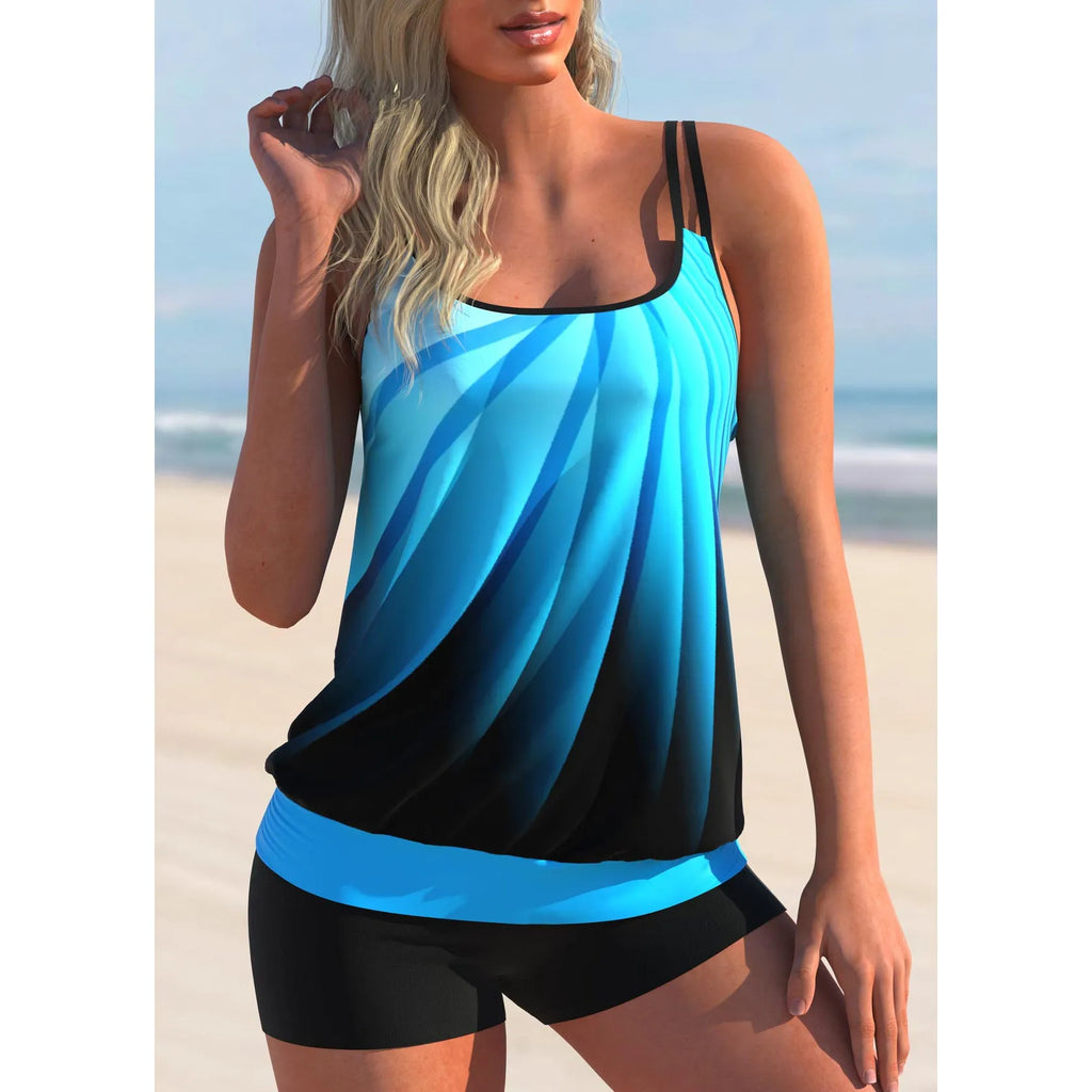 Plus size women's swimsuit with strapless top and matching shorts in butterfly print pattern