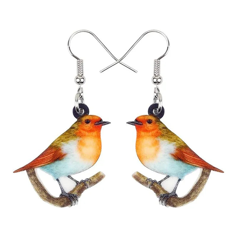 Pair of blue titmouse bird design pendant earrings made from printed acrylic.