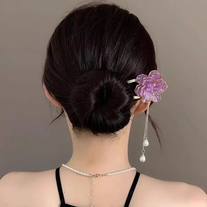 Purple and white peony flower tassel U-shaped hairpin with alloy electroplated construction