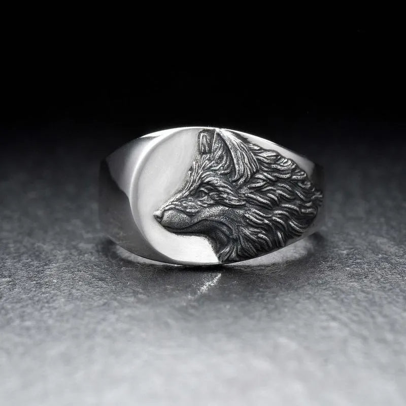 Men's geometric wolf head ring in silver alloy metal showing detailed wolf design