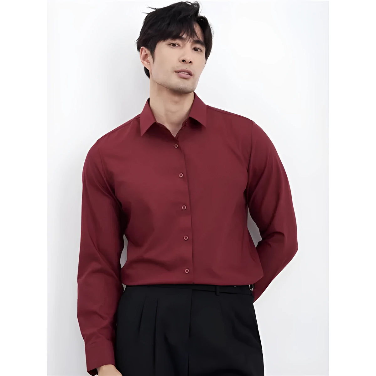 Men's wine red slim fit long sleeve shirt in polyester blend fabric