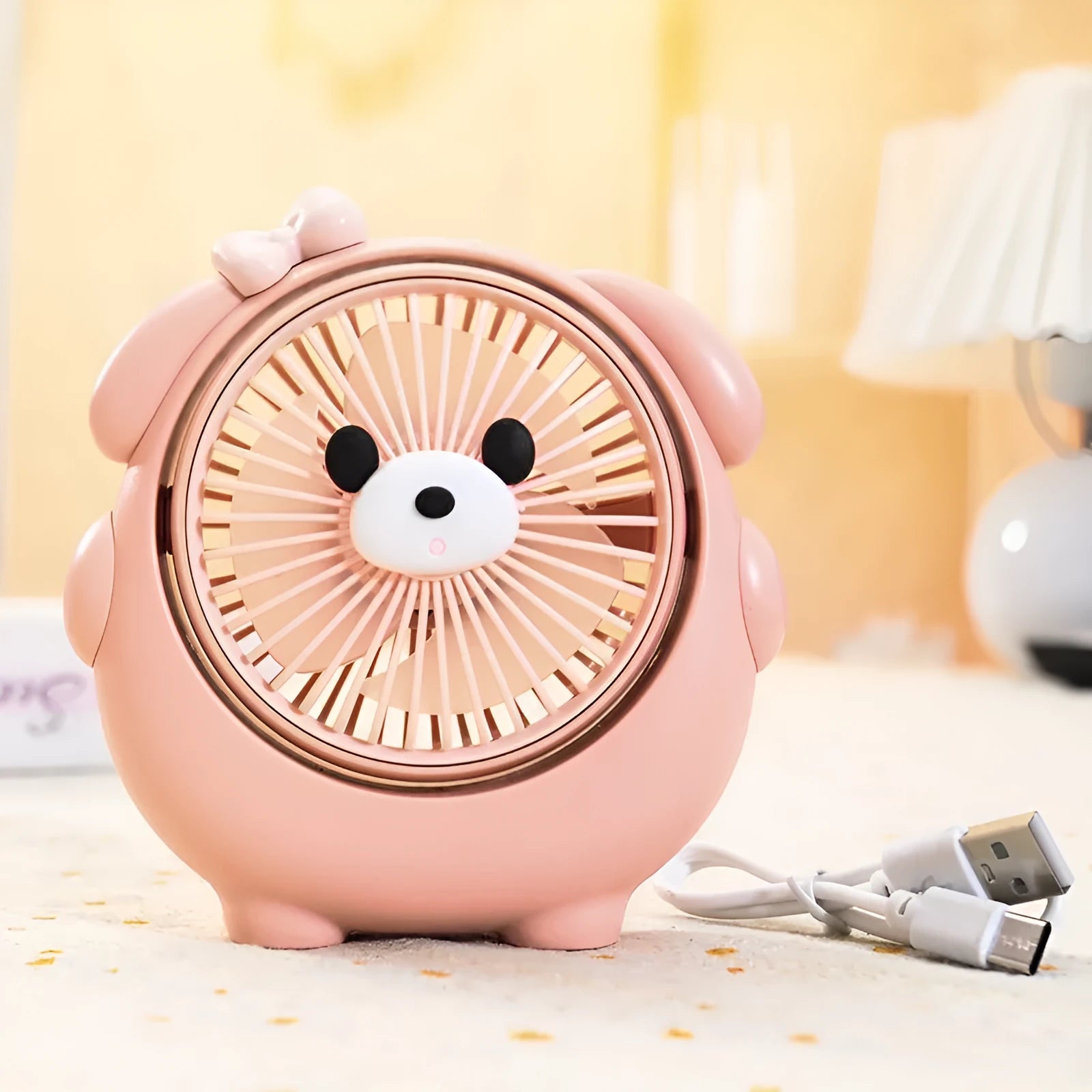 USB desktop electric fan with cute dog design in various colour options showing three-speed controls