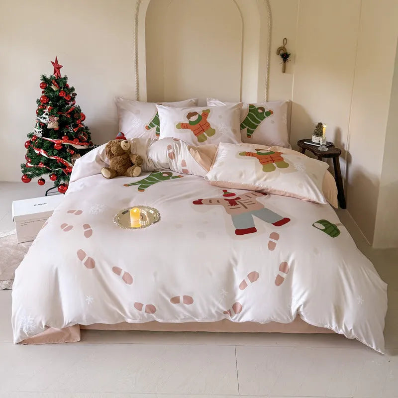 Christmas style super soft washed cotton printed four-piece bedding set with cartoon digital print patterns