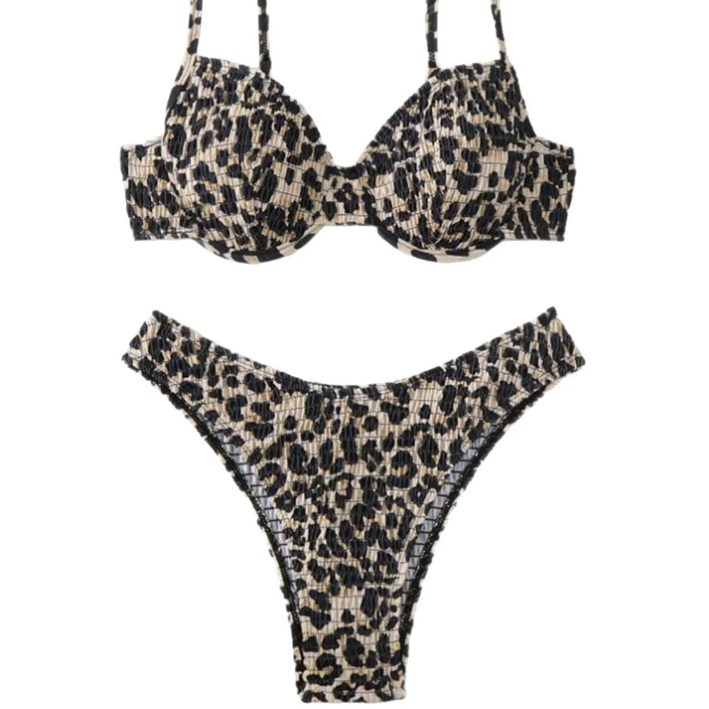 Leopard point patterned backless bikini set for women in brown mixed colour