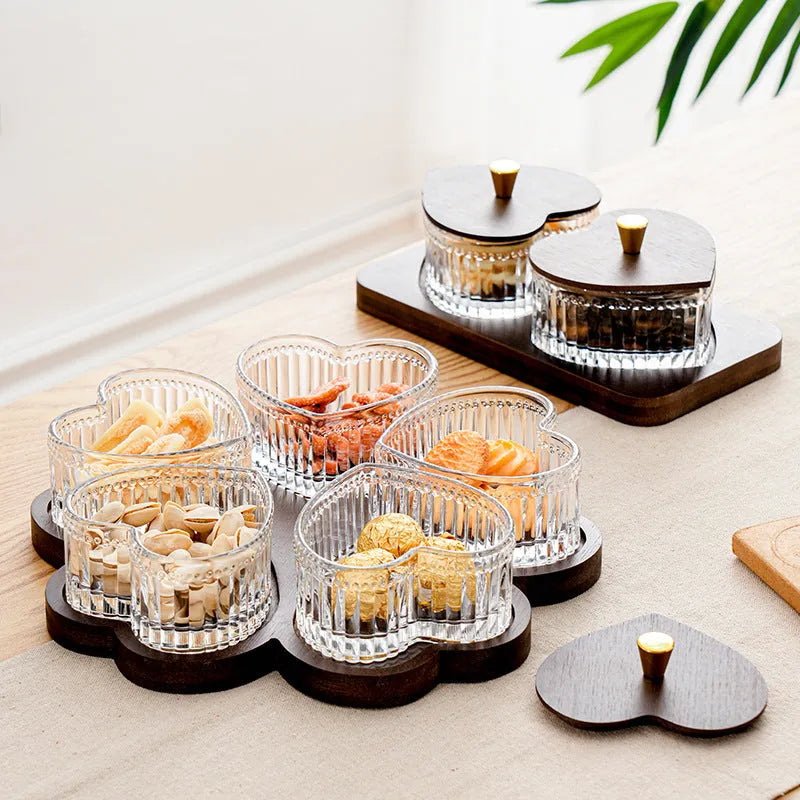 Glass snack serving tray with transparent heart-shaped lid in retro style, shown in 2-grid, 3-grid, 4-grid, and 5-grid options.